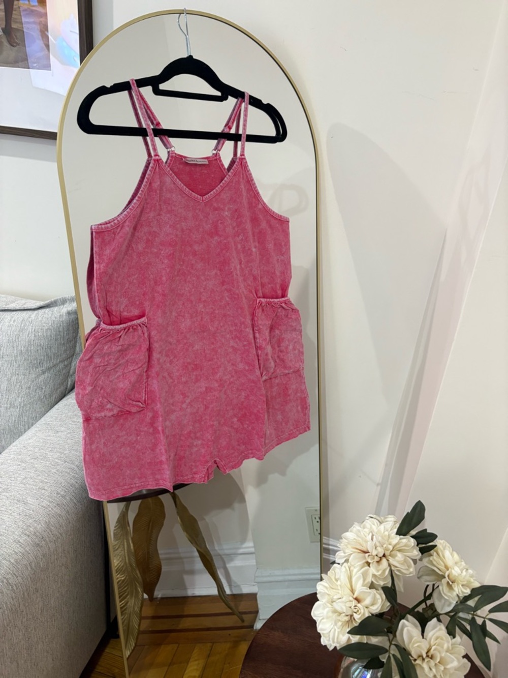 100% cotton ZENANA MEDIUM Pink Mineral-Wash Sleeveless Romper with Pockets